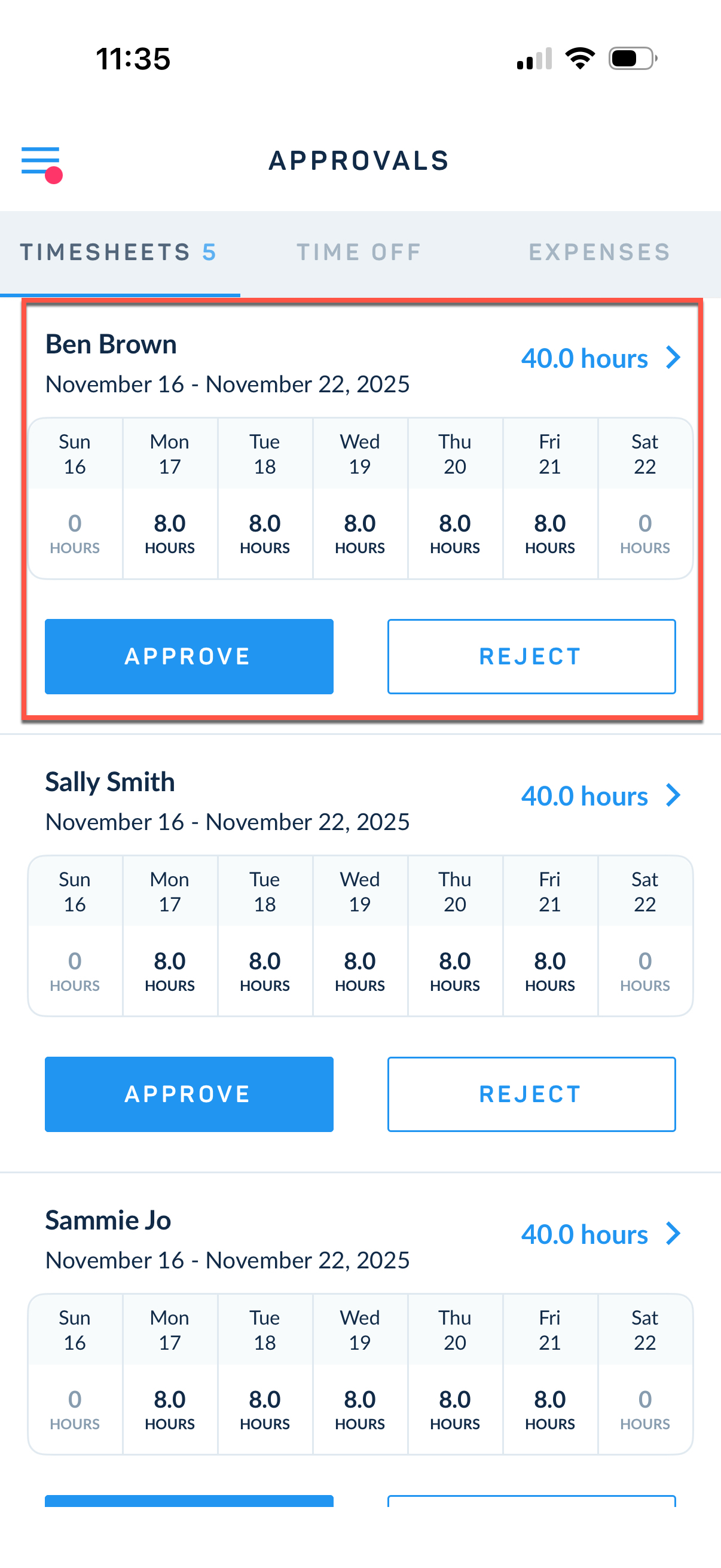 Open timesheet from approvals