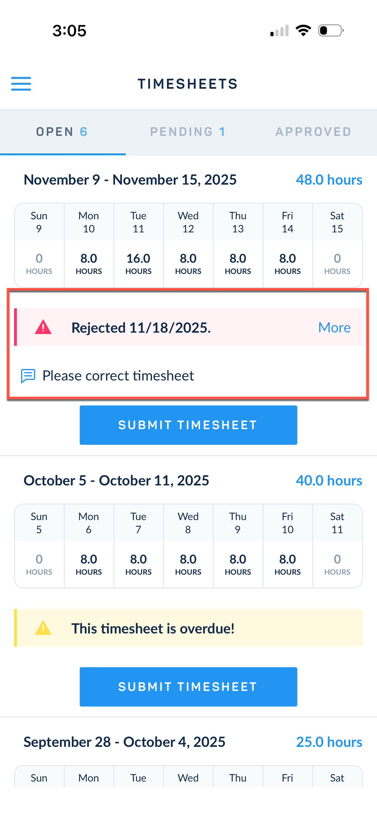 Rejected timesheet details