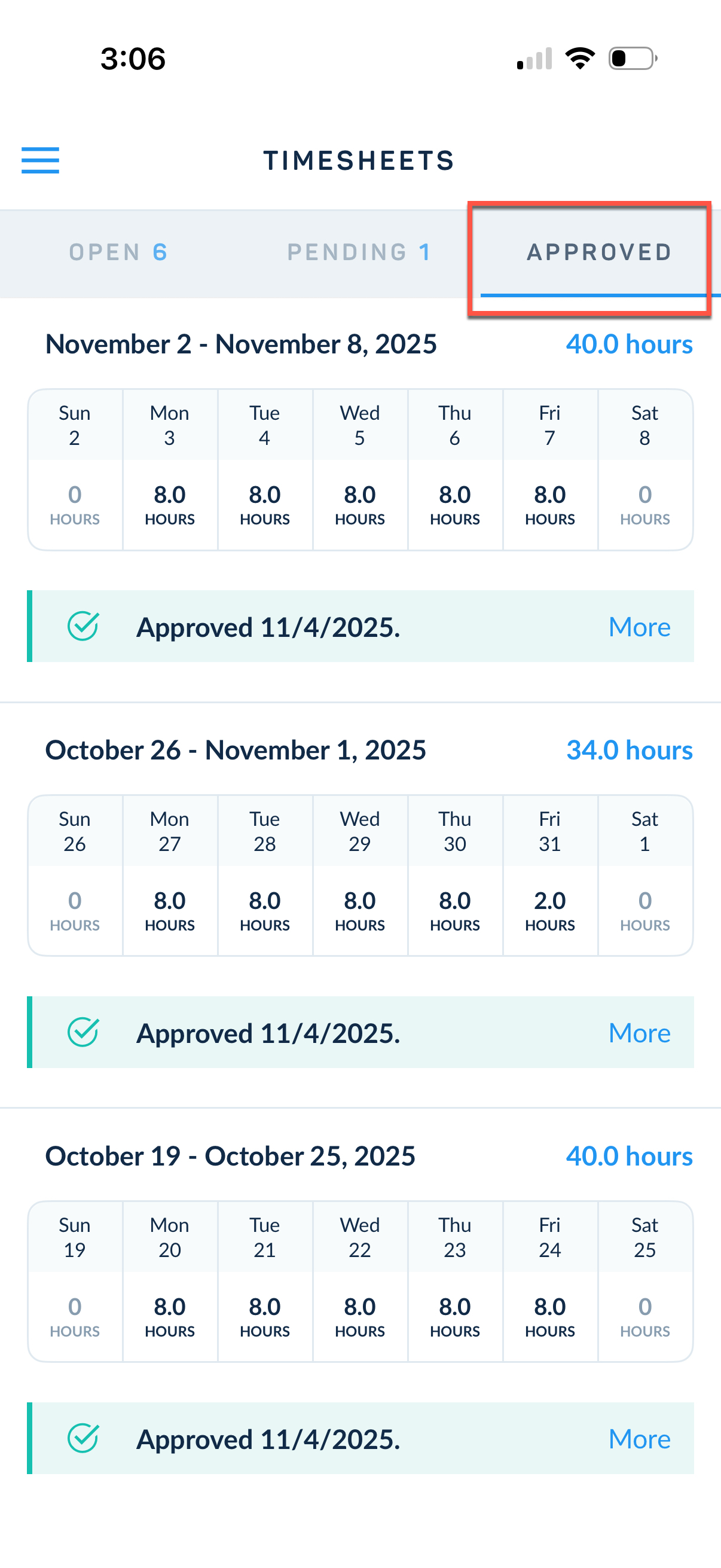 Approved timesheet details