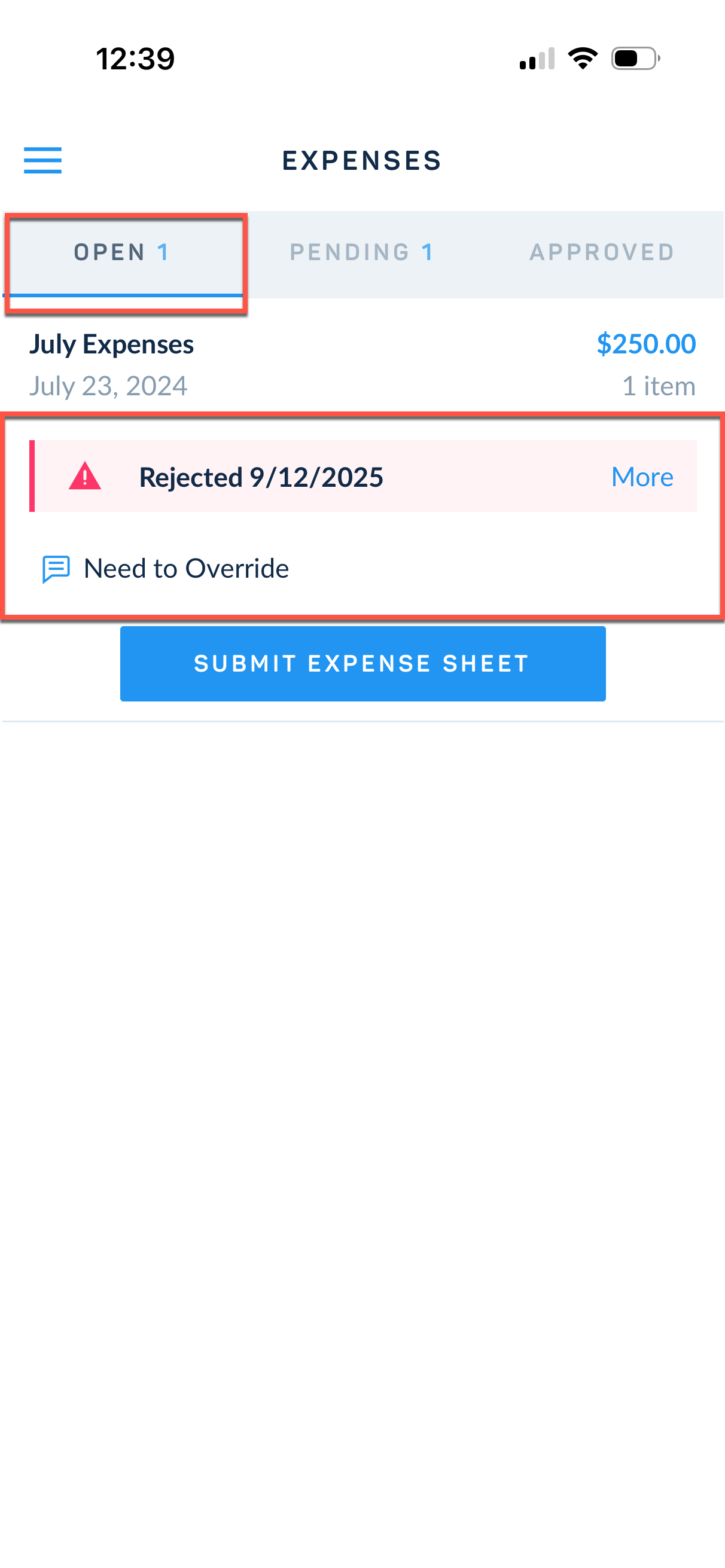 Rejected expense sheet