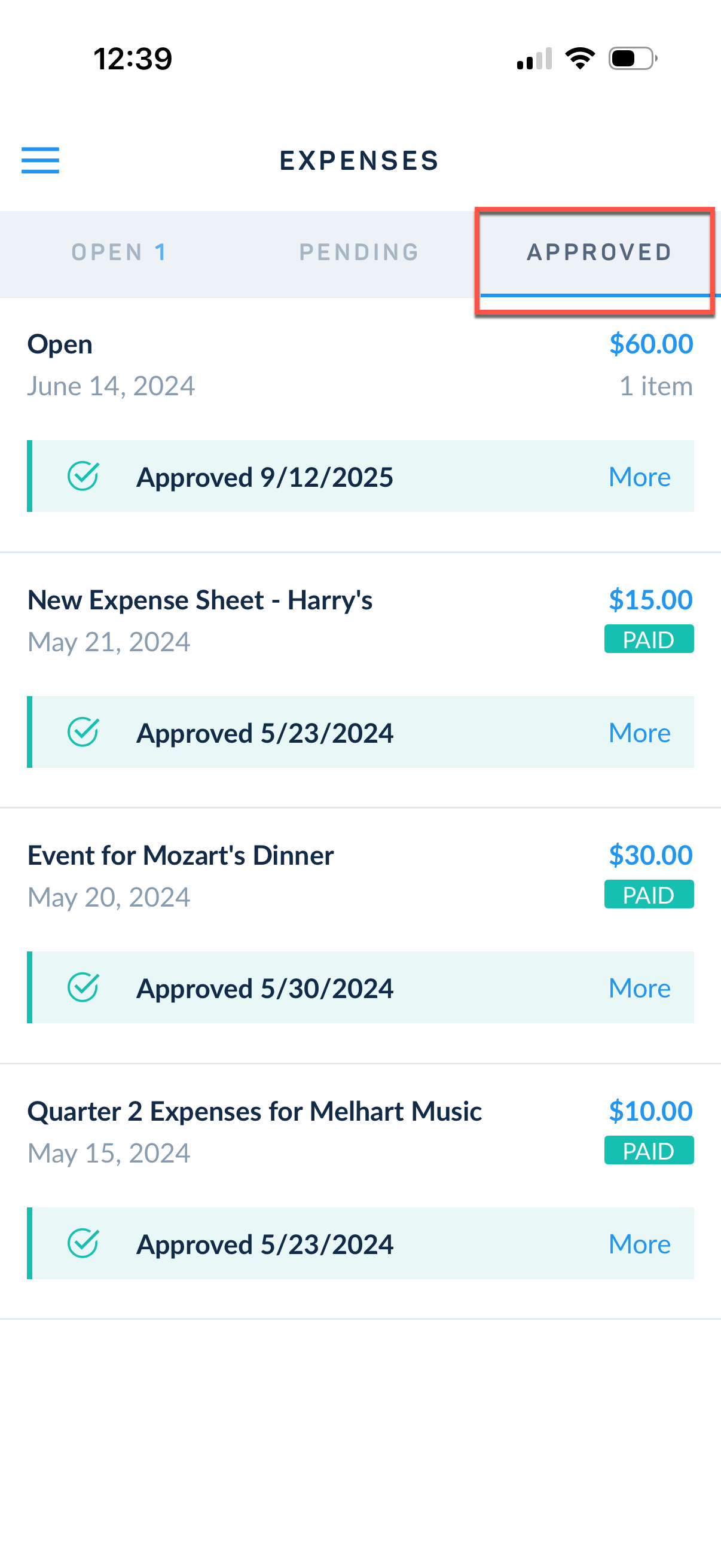 Approved expense sheet