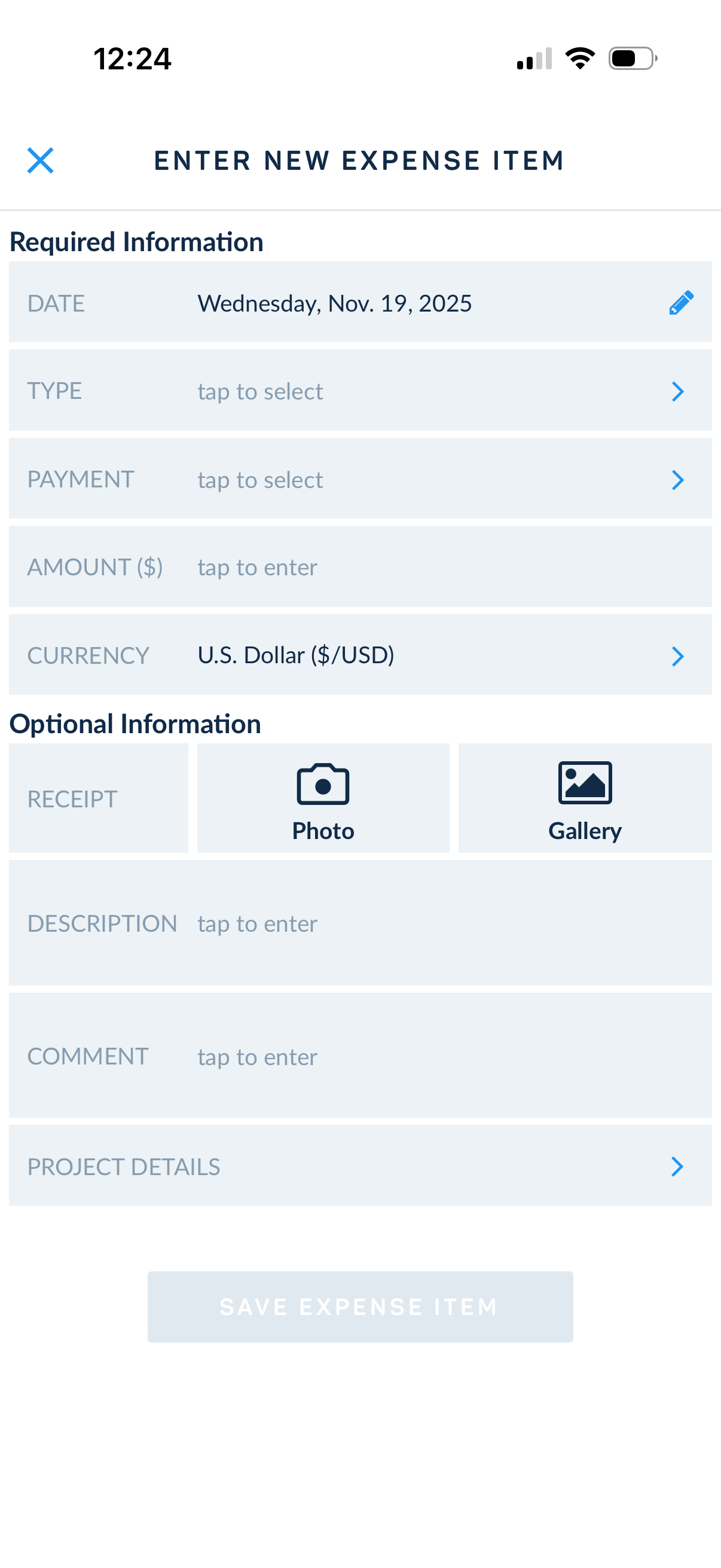 Blank expense item form