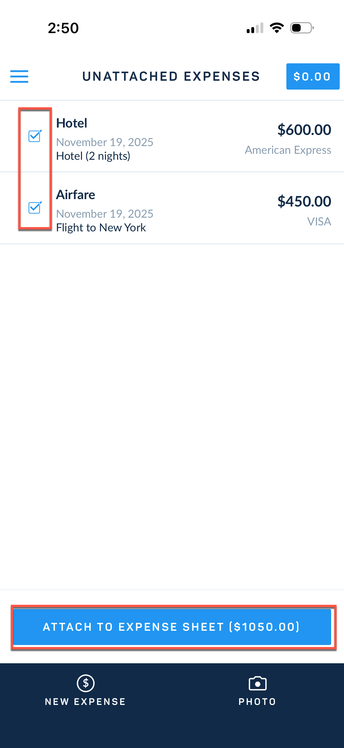 Select expenses to attach
