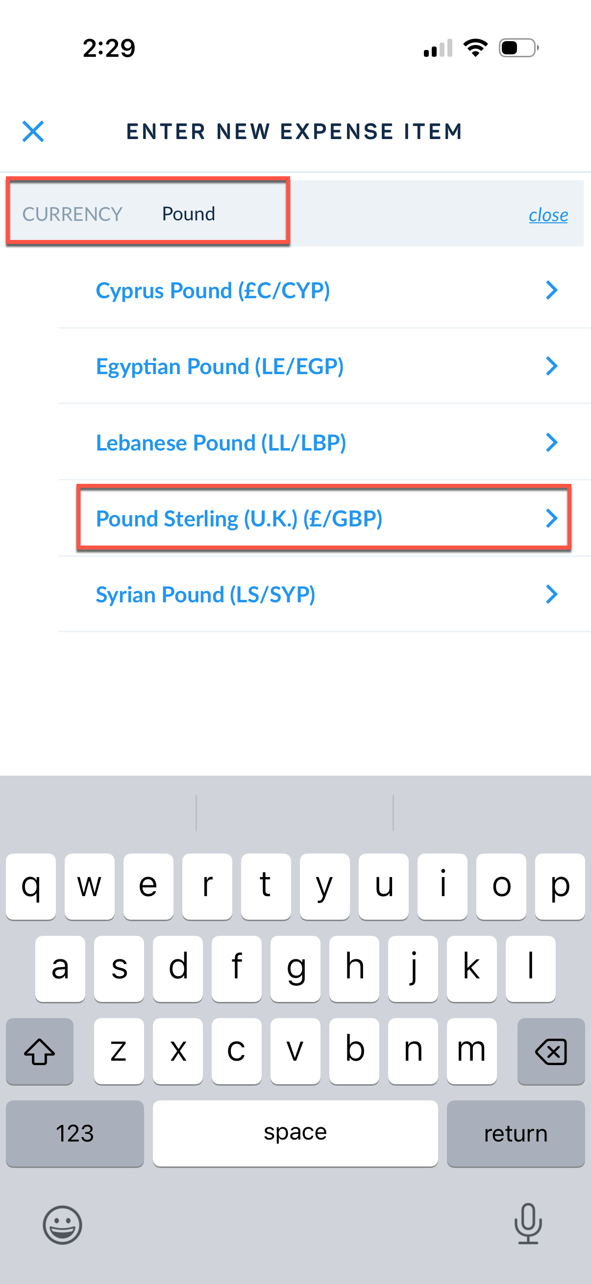 Select foreign currency