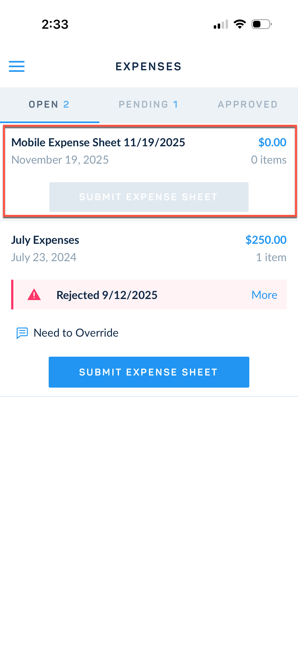 View expense sheets