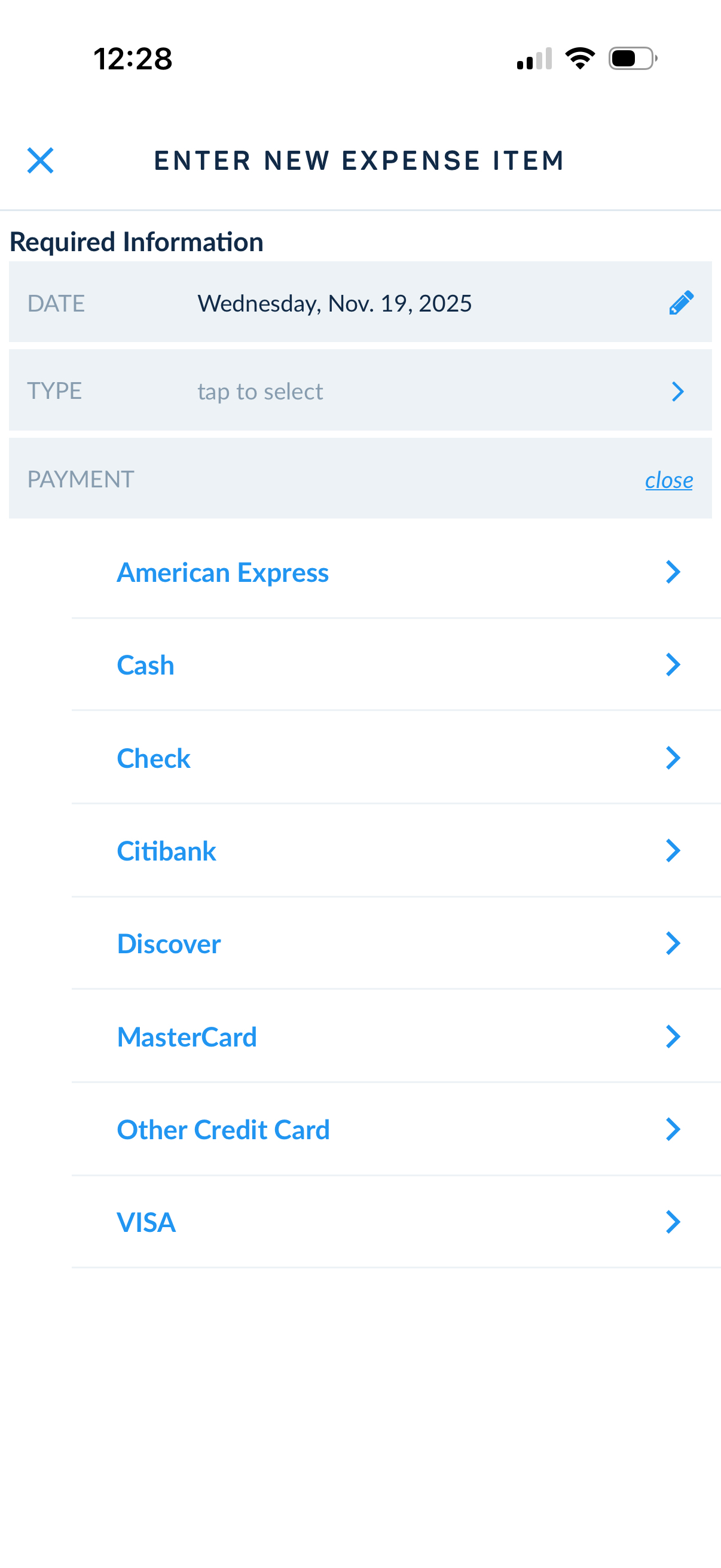 Select payment type