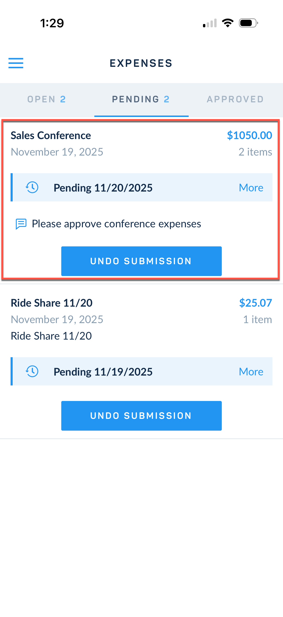 Pending expense sheet