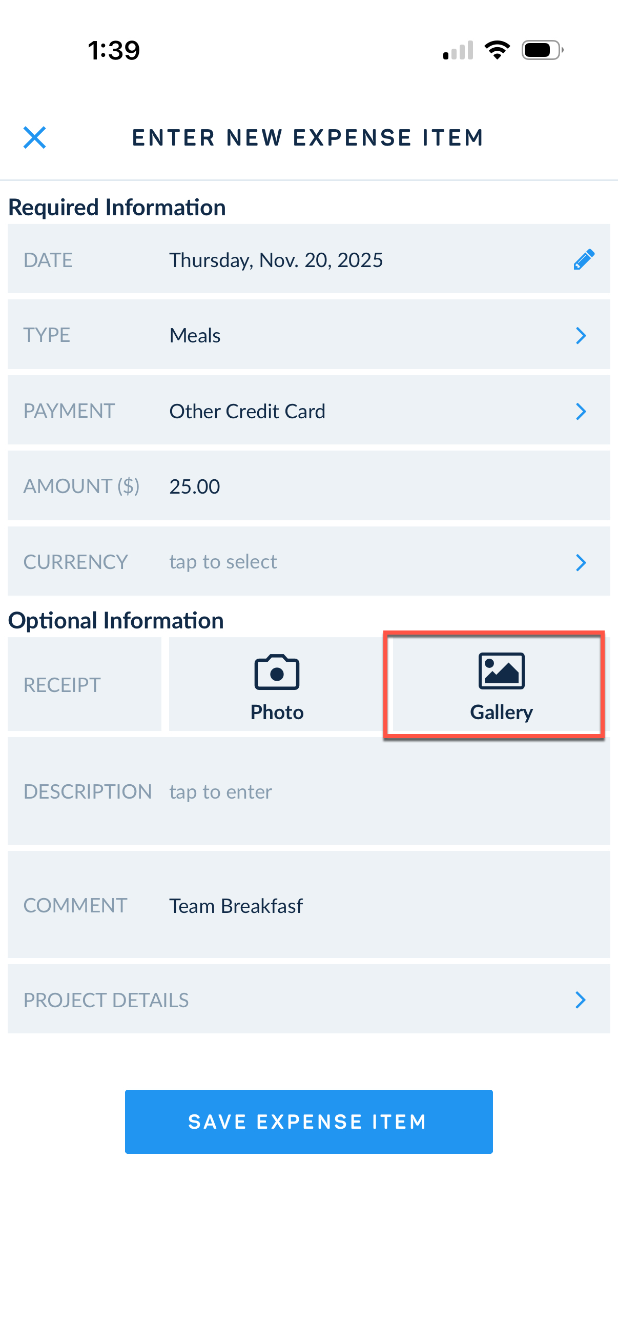 Tap gallery icon on expense