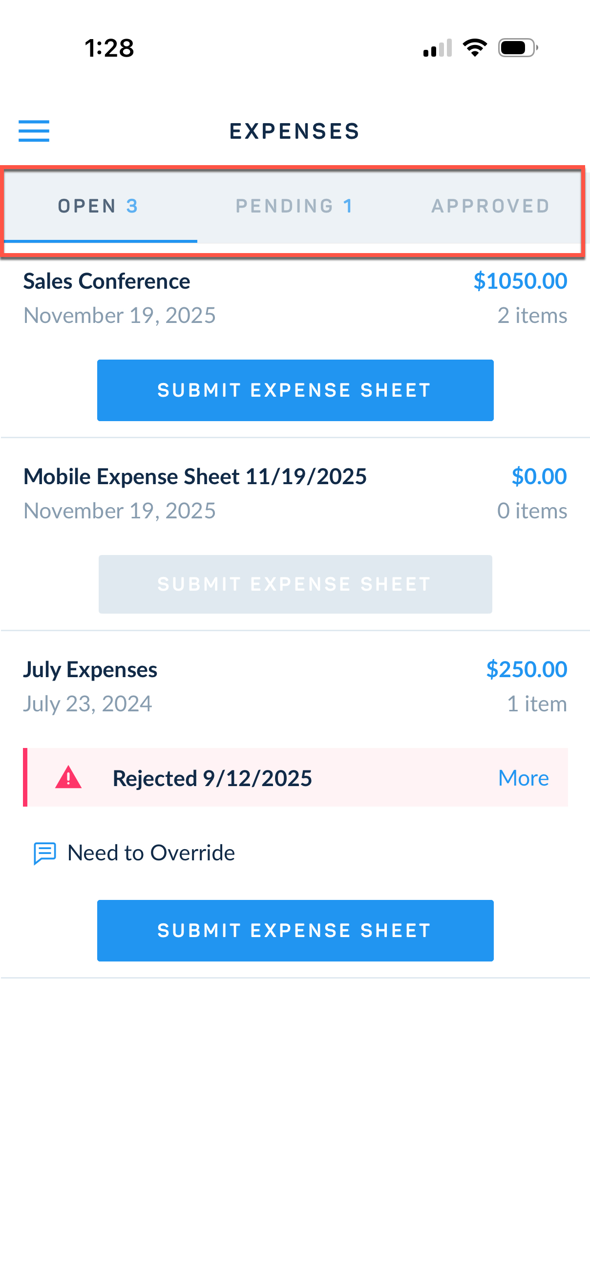 Open, Pending, and Approved tabs