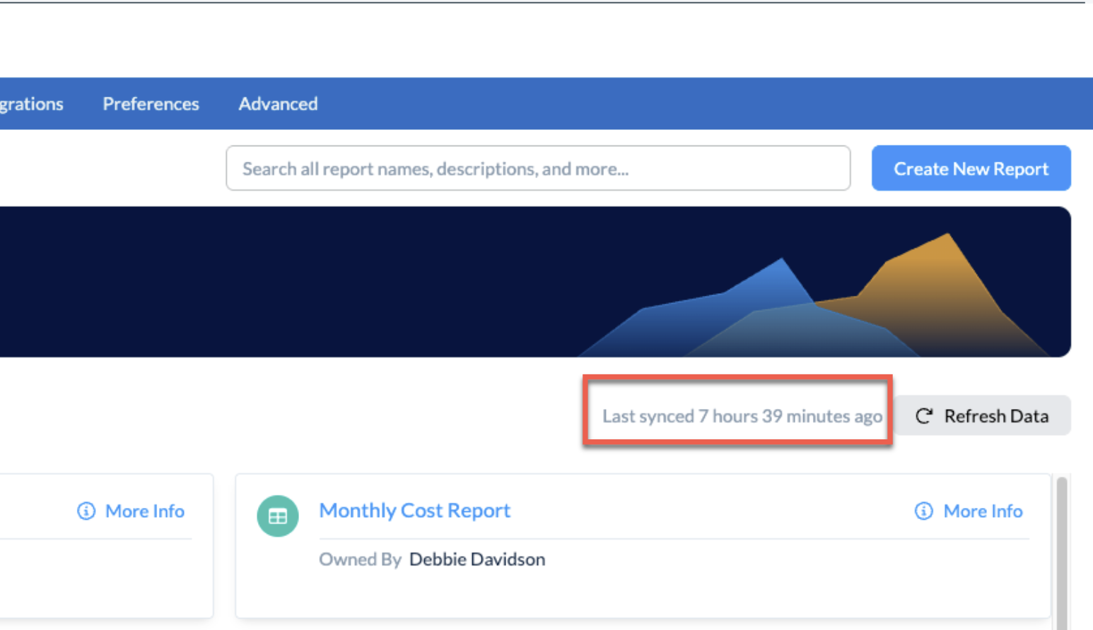 Freshness message showing when Report Studio data was last synced