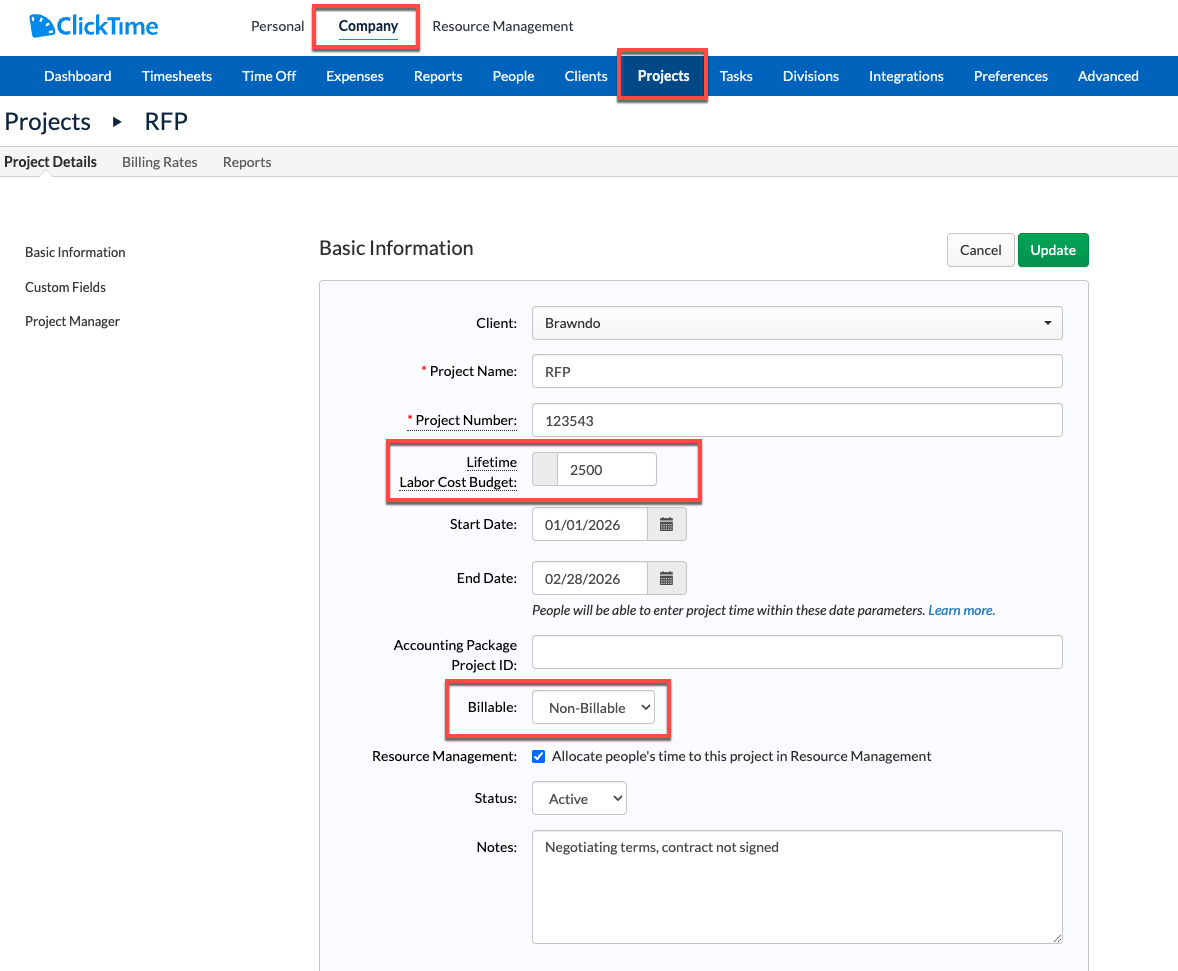 Lifetime Cost Budget field on Project Details page