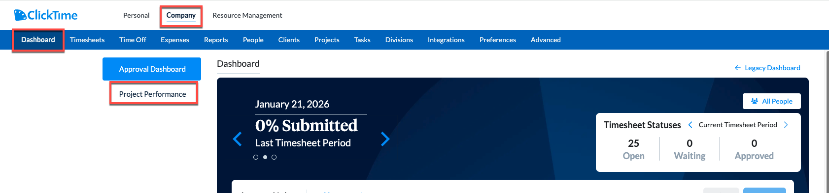 Project Performance navigation