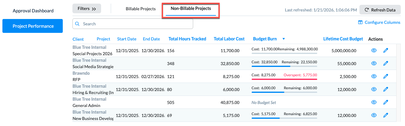 Non-Billable Projects tab
