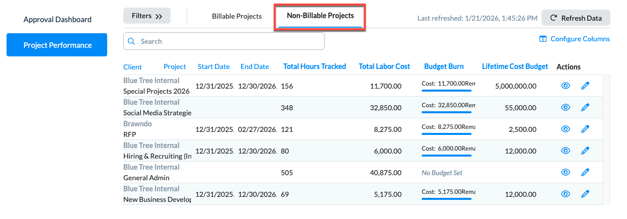 Non-Billable Projects tab