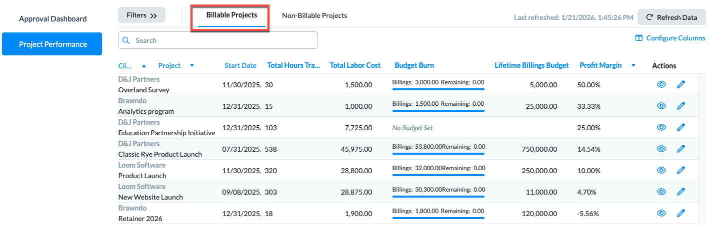 Billable Projects tab