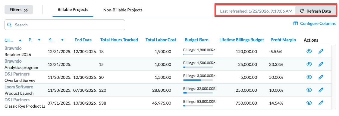 Refresh Data button and timestamp