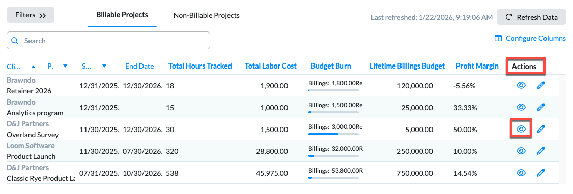 View icon opens Project Health View