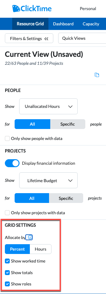 Resource Management settings showing the Percent Allocation option.