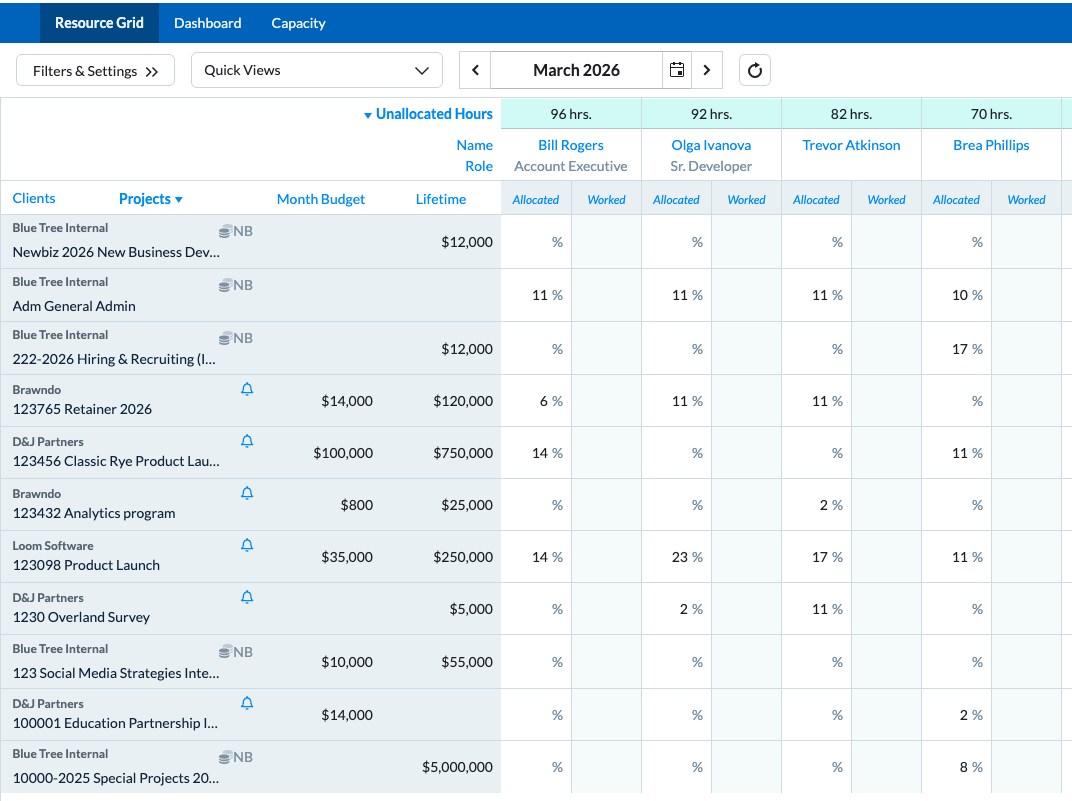 Resource Management example showing percent-based allocation values across months.
