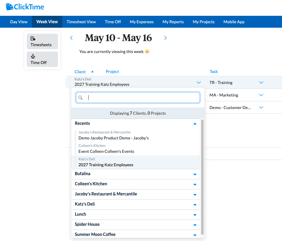 Select client, project, and task