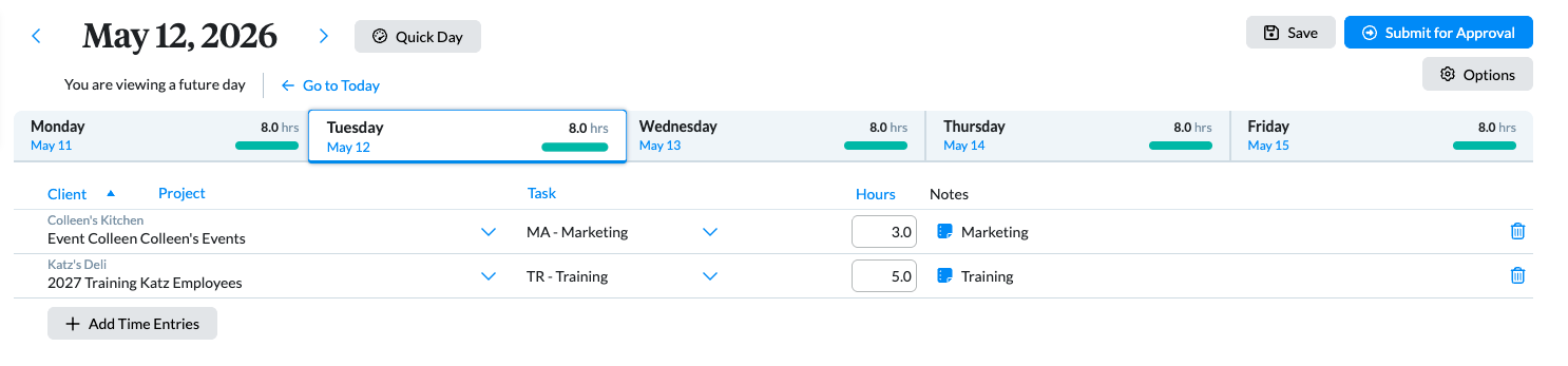 Timesheet totals and entered hours