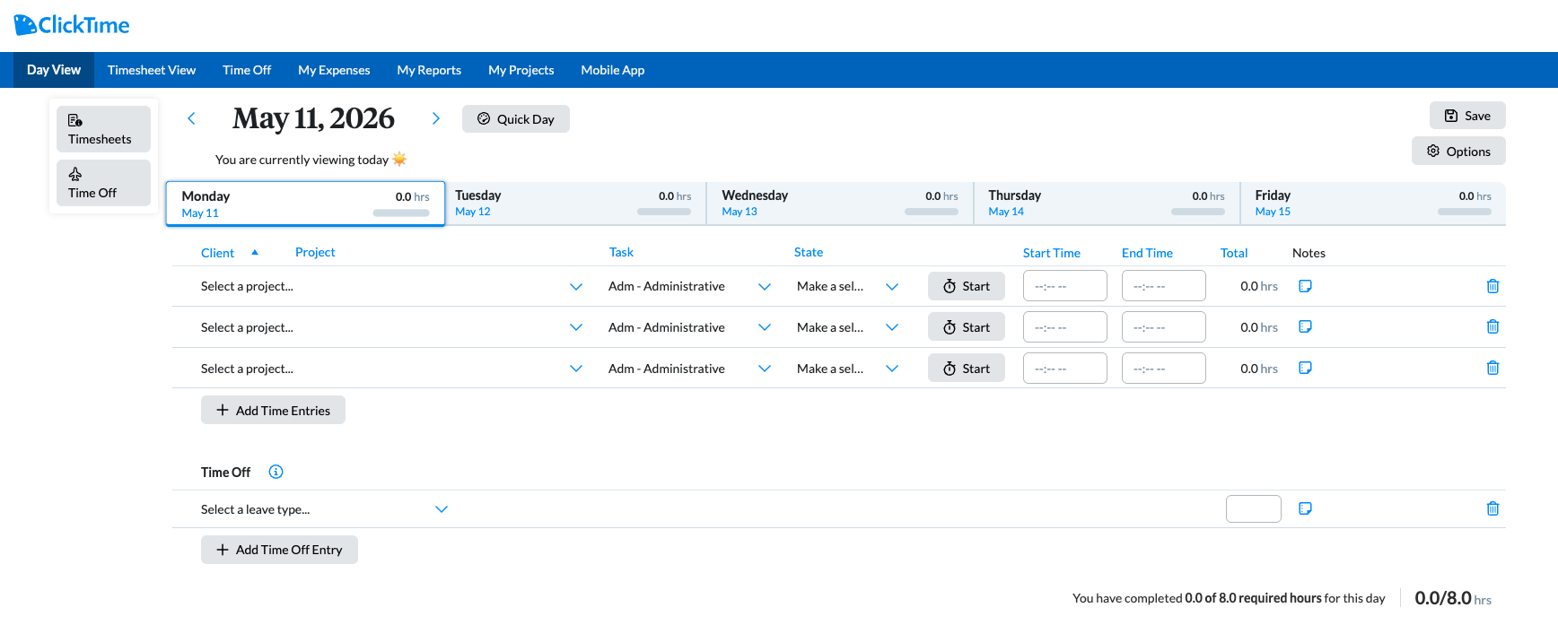 Day View timesheet