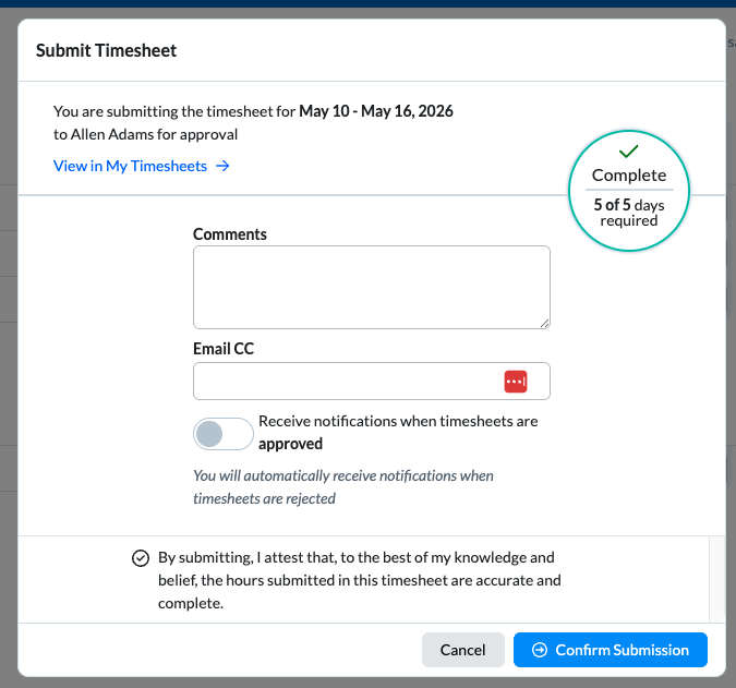 Submit timesheet confirmation message