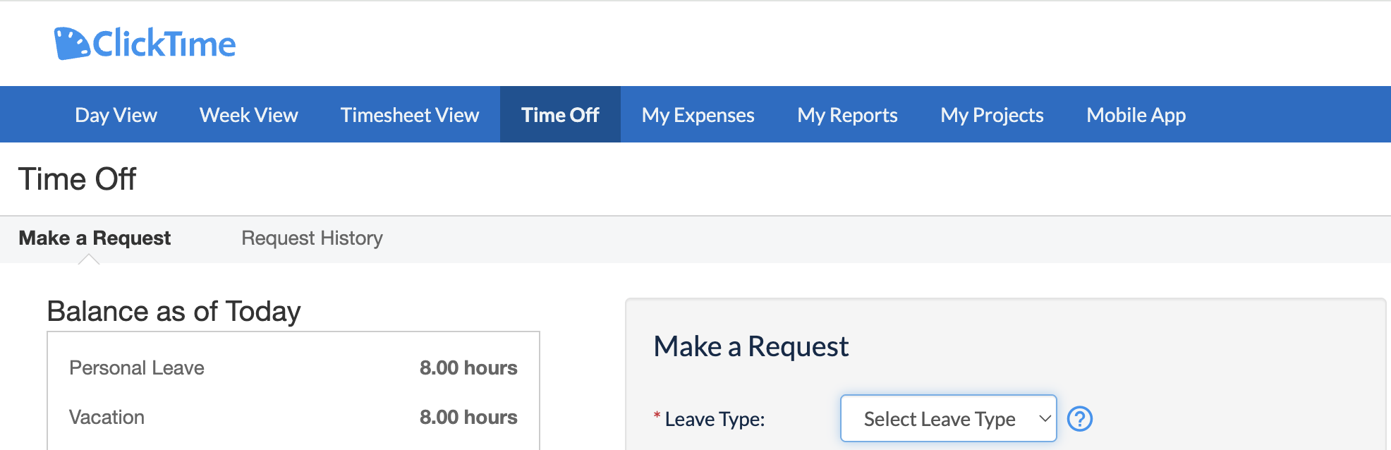 Time Off navigation in ClickTime