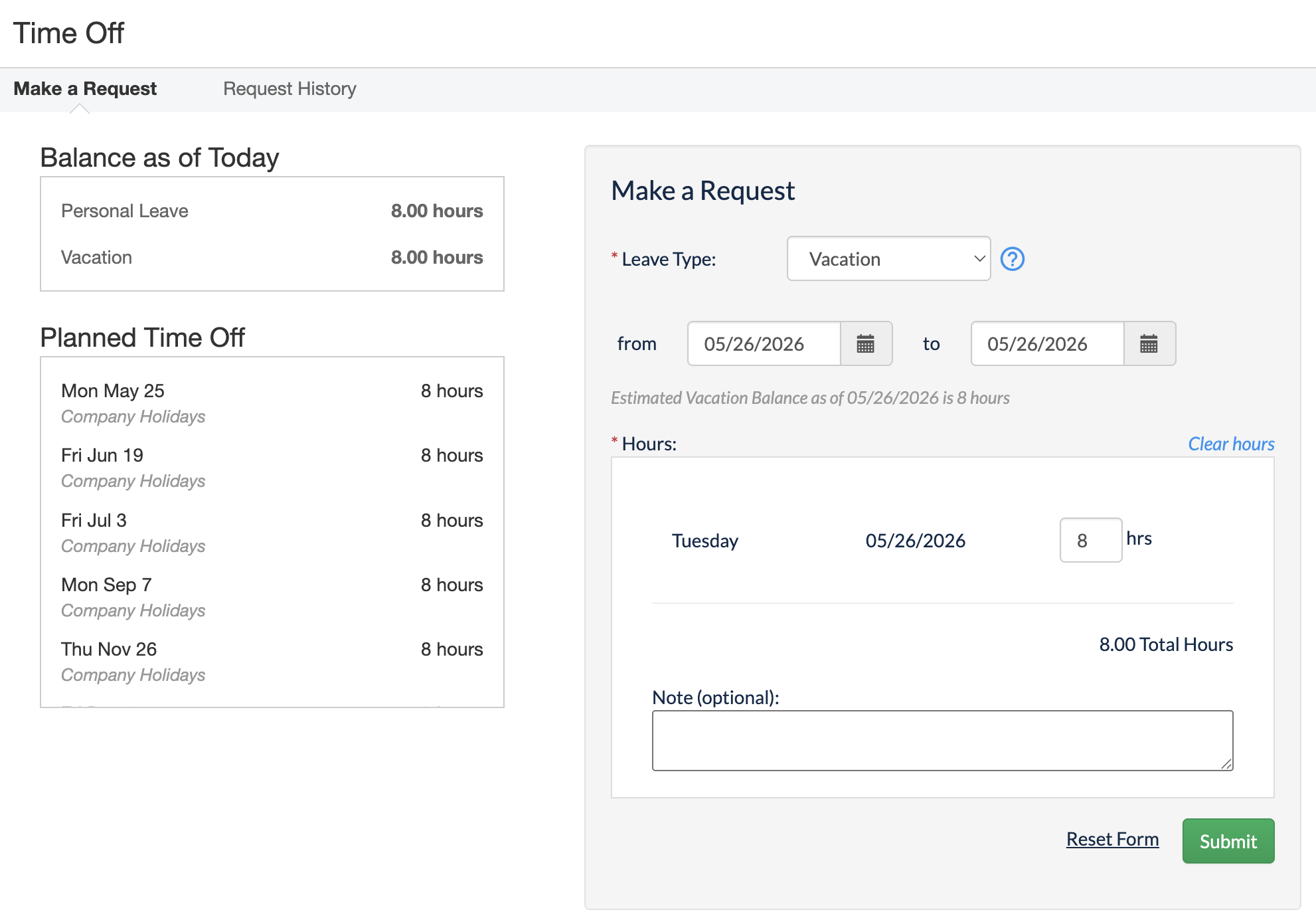 Create a new time off request