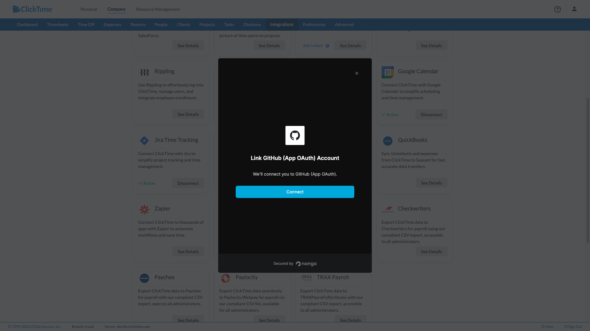 GitHub authentication window for ClickTime