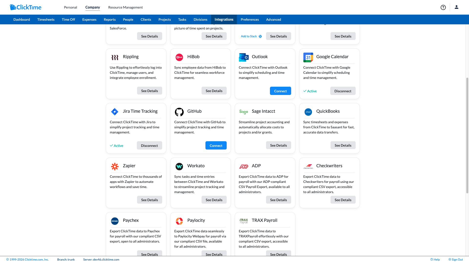 GitHub integration card on the Company Integrations page