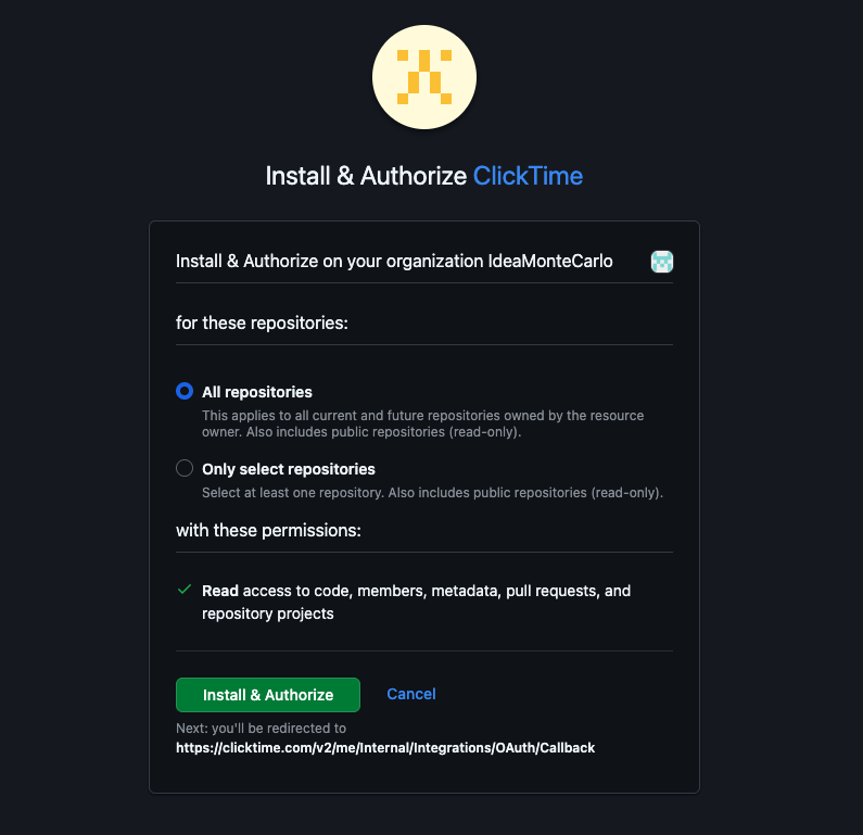 Install and authorize ClickTime in GitHub