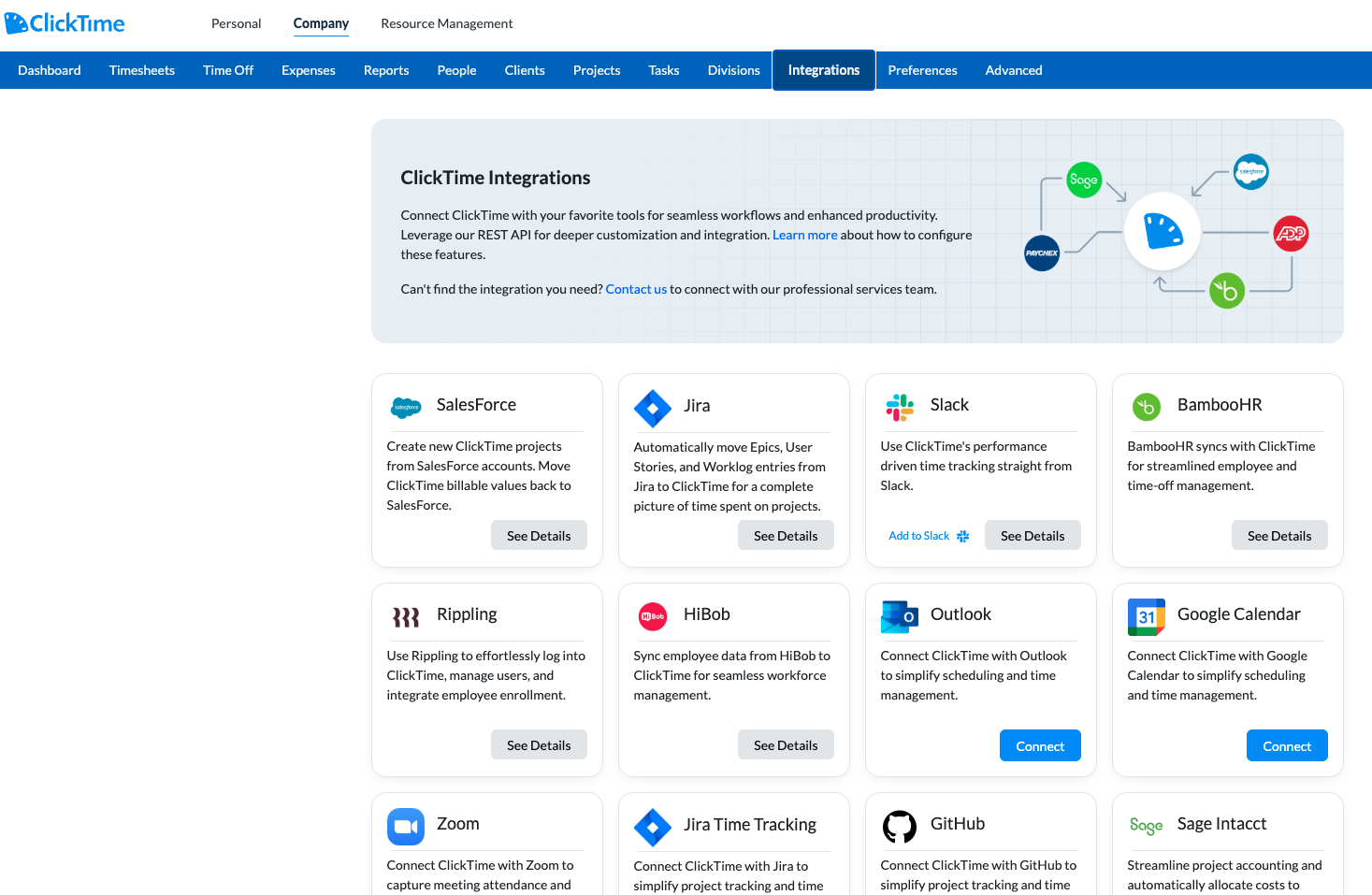 Google Calendar card on the Company Integrations page