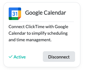 Google Calendar card showing an Active status and a Disconnect option