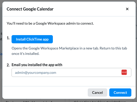 Connect Google Calendar window showing the Install ClickTime app button and email field