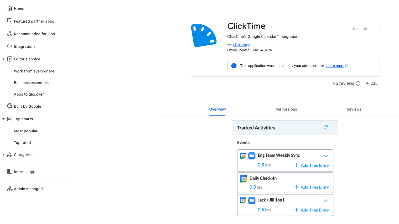 ClickTime app listing in the Google Workspace Marketplace