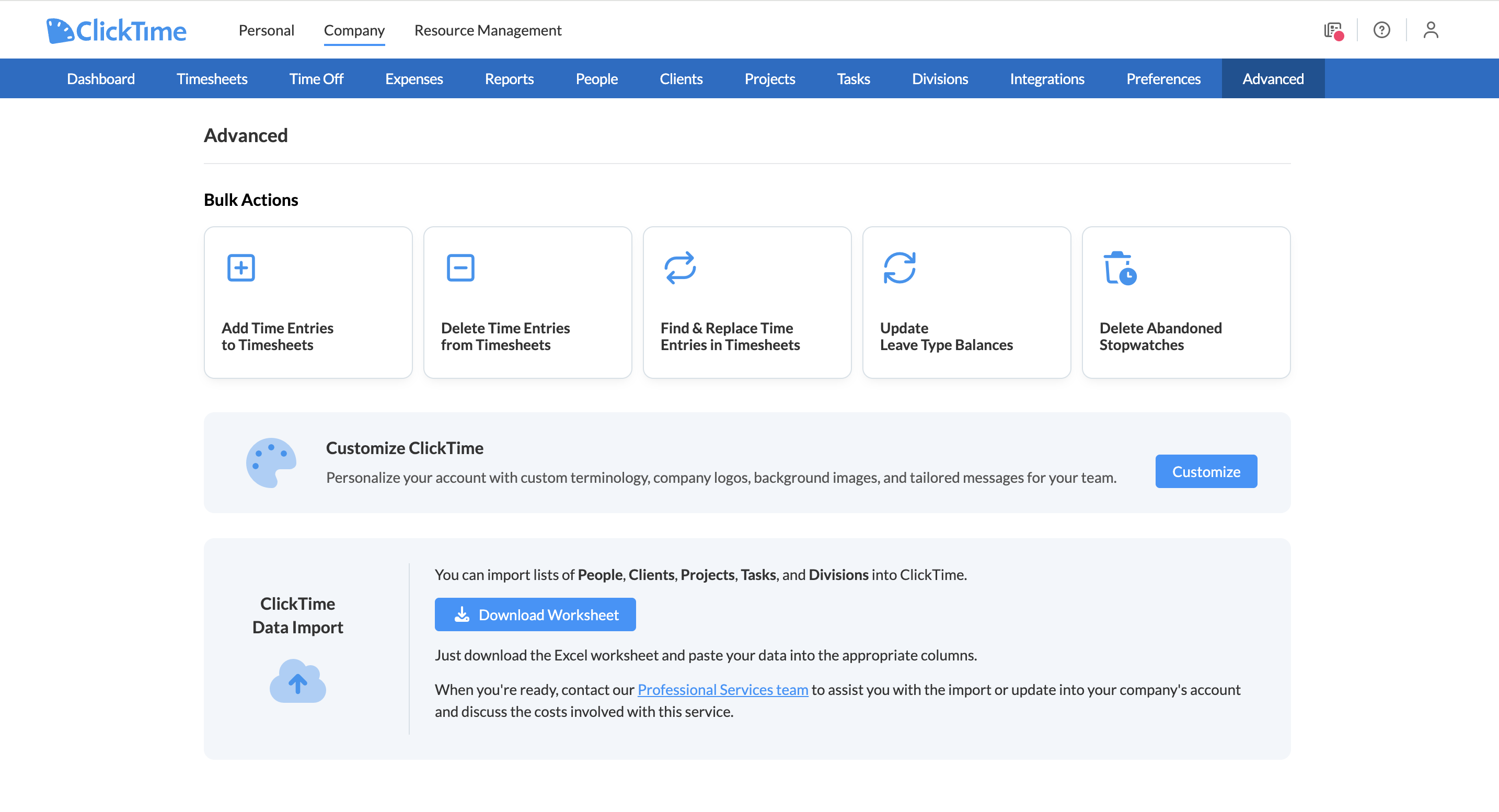 Customize ClickTime card on the Advanced page with the Customize button