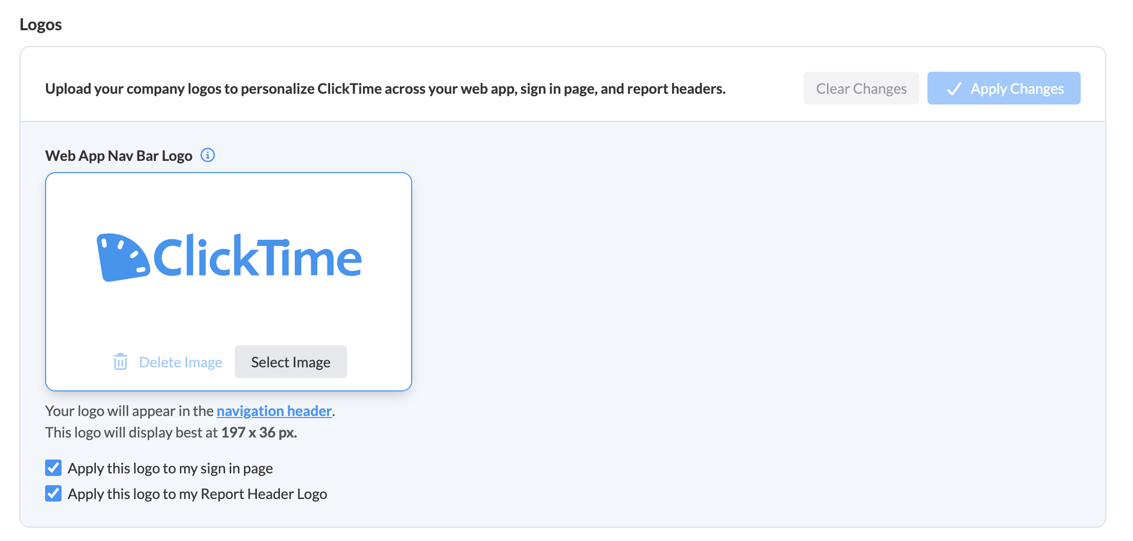 Logos section showing the Web App Navigation Bar Logo card with the sign-in and report header reuse checkboxes