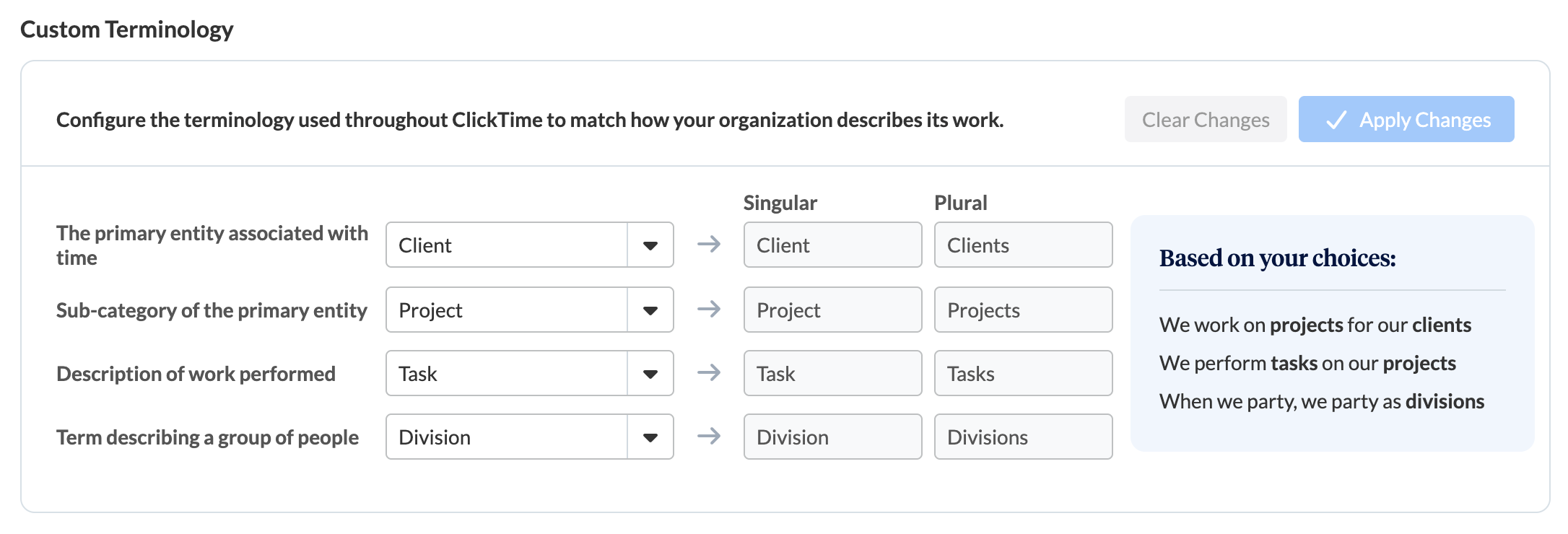 Custom Terminology dropdowns with the live preview panel showing example sentences
