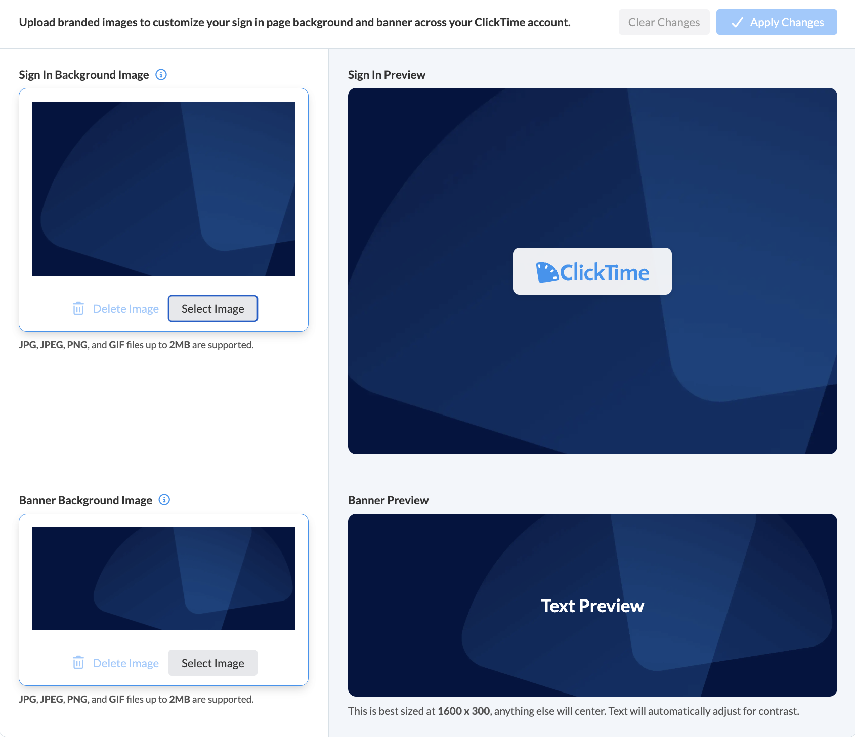 Sign In Background Image and Banner Background Image uploads, each with a live preview