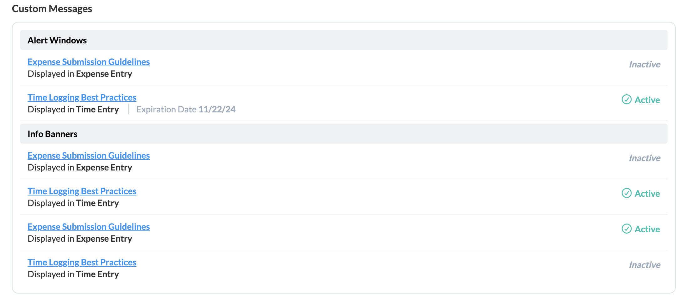 Custom Messages section showing the Alert Windows and Info Banners lists
